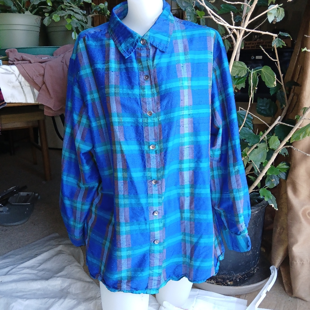 Chico's Blue and Green Silk Button-Up Shirt